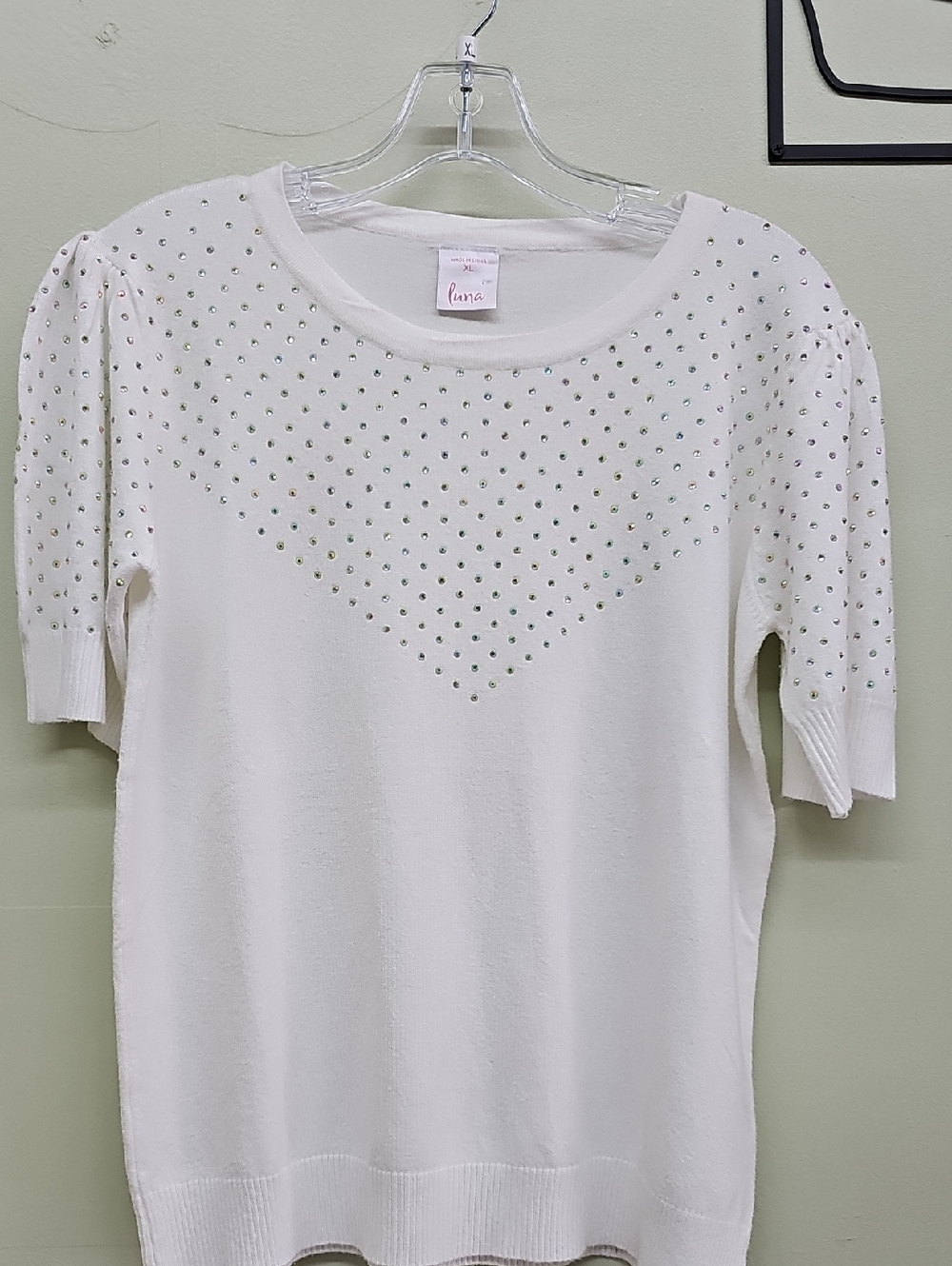 Like New Women White Short-Sleeve Rhinestone Sweater Top